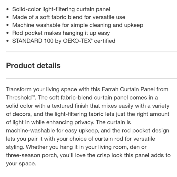 Threshold Farrah Light Filtering Curtain Panel in Cream 84"x54" Single Panel NWT - Picture 3 of 4